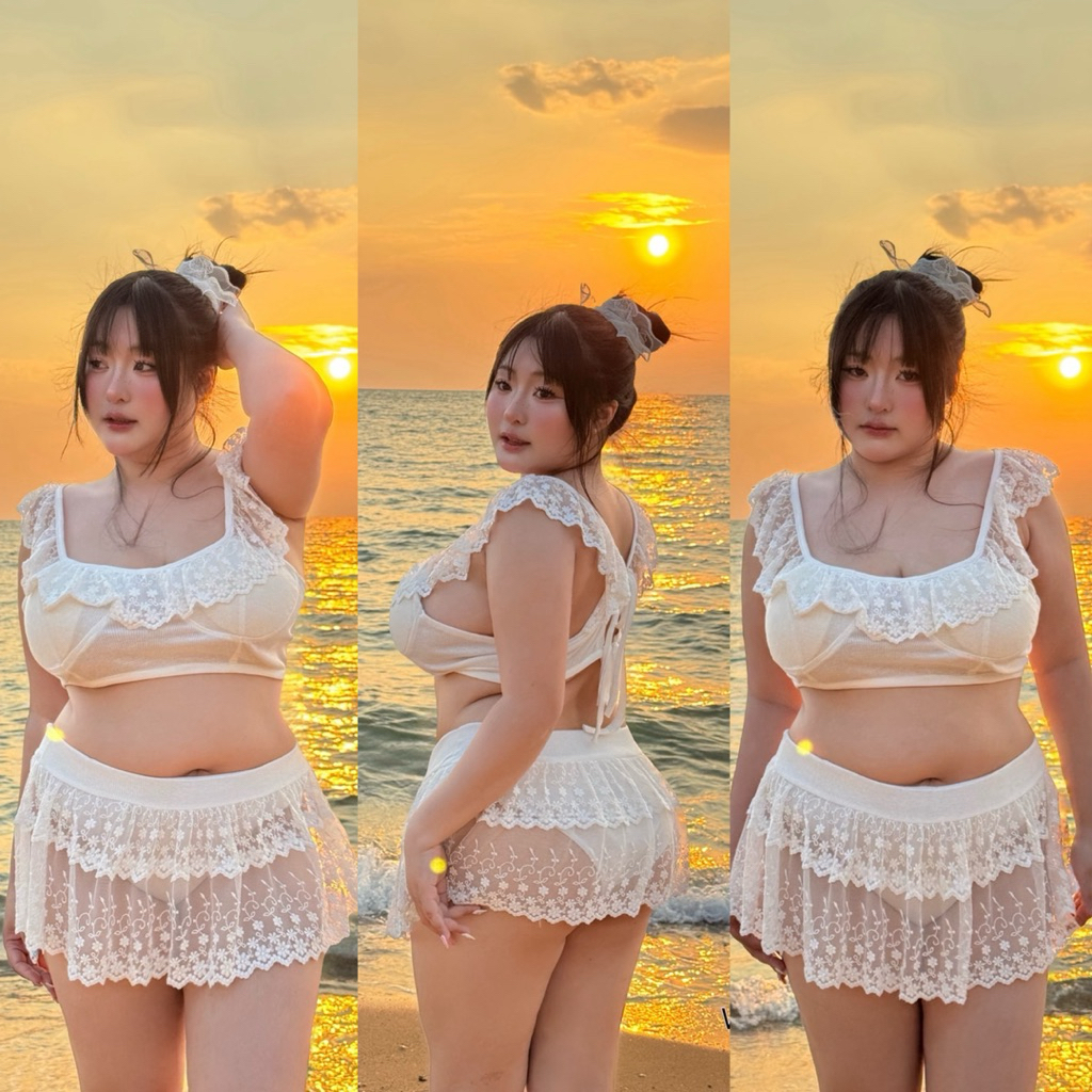 🔆Lace bikini🪽บิกินี่ ผ้าลูกไม้สีขาว สวยละมุนมาก ไม่โป๊มาก เซ็กซี่เบาๆ สวยสับ เริ่ดๆ เสื้อผ้าสาวอวบอ้วน ไซส์ใหญ่