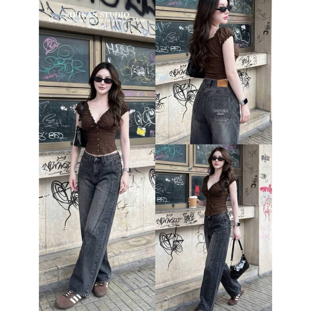 >>SIRINAN STUDIO<< SRN 911 "JEANS" กระบอกกลางกางเกงใหญ่เอวสูง