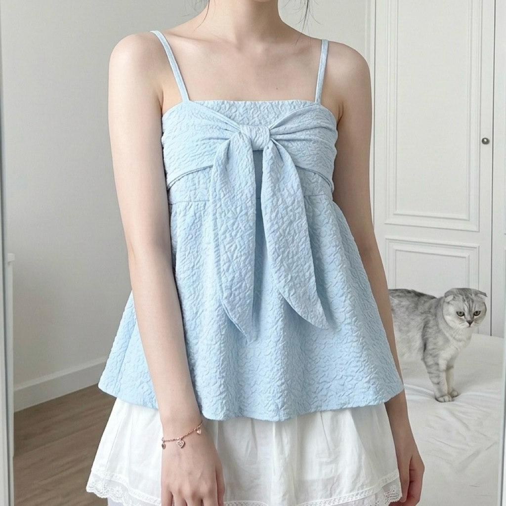 🧺ป้ายKHUN📌สายปรับได้🌟เสื้อสายเดี่ยวโบว์หน้า ผ้ามีซับในตัว/ O1-4 // KHUN-อัดลายโบว์