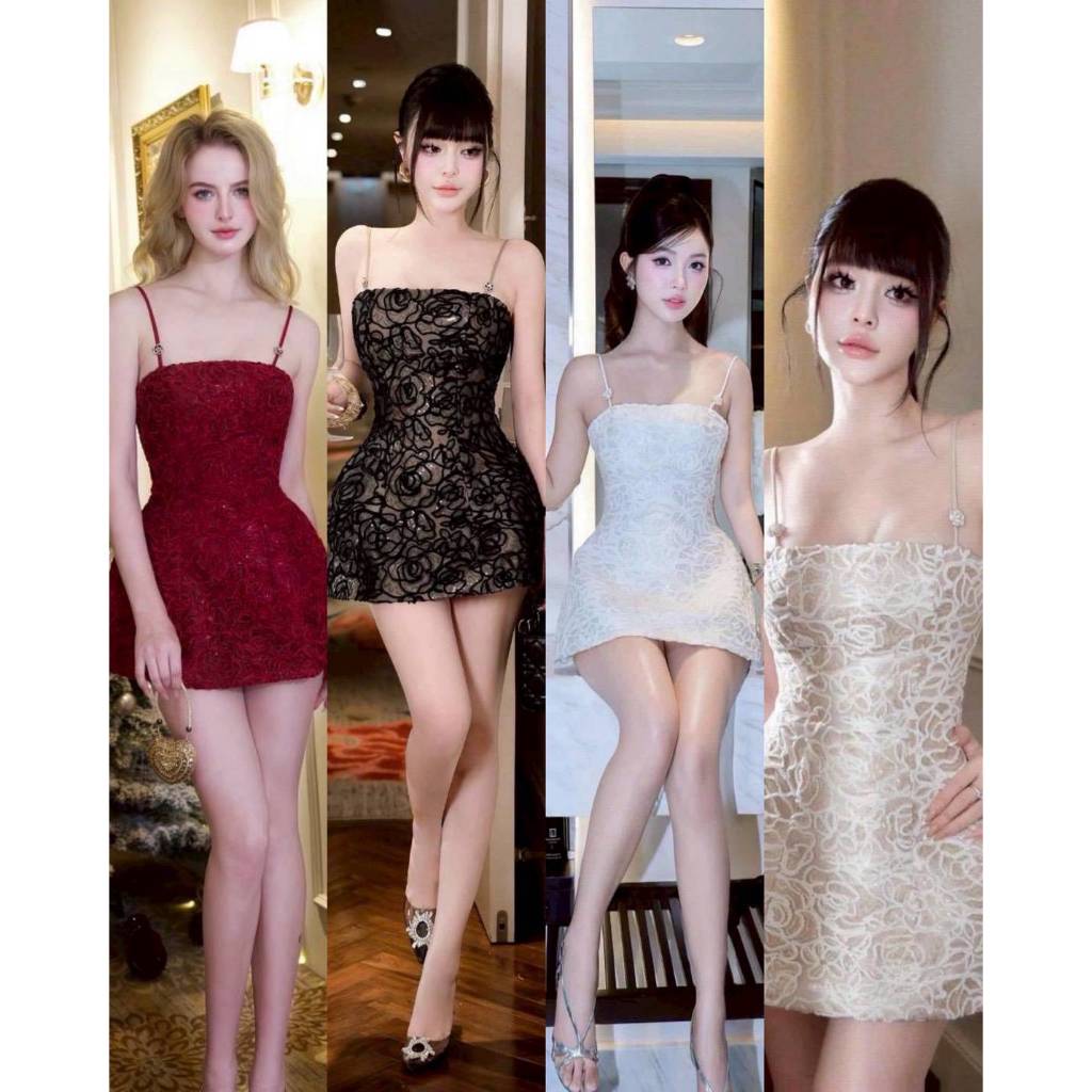LM : Rosy Gilter minidress ชุดเดรสผ้าทอนูนลายกุหลาบผ้าทอเลื่อมวิ้งๆ