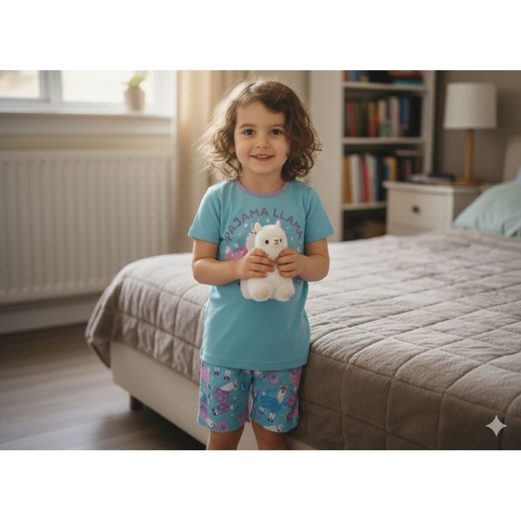 ชุดนอน ชุดลำลองเด็กผู้หญิงและเด็กผู้ชาย ลาย Pajama Llama เซตเสื้อแขนสั้น+กางเกงขาสั้น ผ้าคอตตอนนุ่ม 