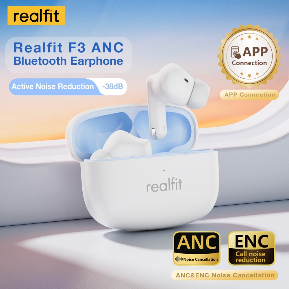 Realfit F3 หูฟังบลูทูธไร้สายแท้ ANC -38dB ยกเลิกเสียงรบกวน, ไมโครโฟนในตัว, เสียงชัด เบสหนัก, เล่นได้ 28 ชม.