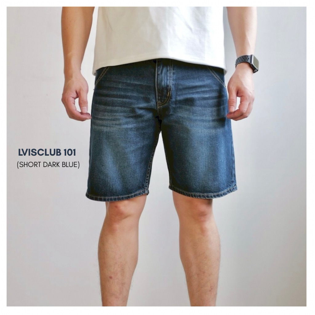 LVISCLUB 101 กางเกงยีนส์ขาสั้นทรงกระบอกผ้าไม่ยืดเป้าซิปฟอกเฟดสีมิดไนท์บูล