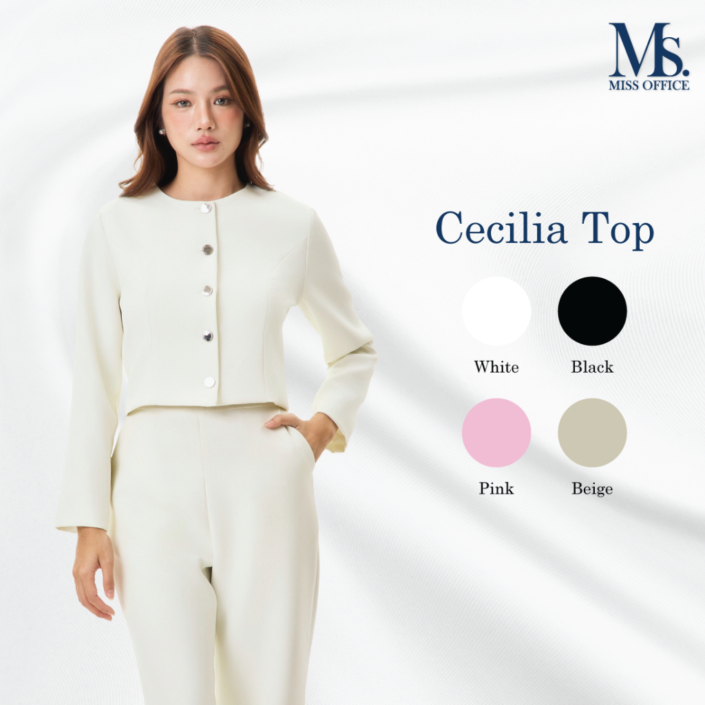 Miss Office เสื้อคอกลมแขนยาวกระดุม 5 เม็ด (Cecilia Top : MT-411)