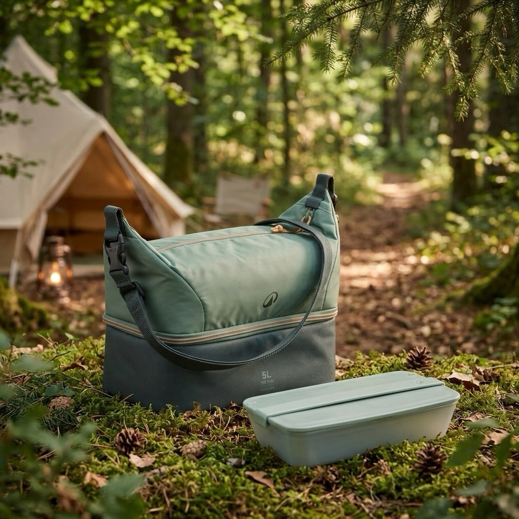 กระเป๋าเก็บอุณหภูมิสำหรับแคมป์ปิ้งขนาด 5 ลิตร “พร้อมกล่องใส่อาหารขนาด 1 ลิตร” รุ่น 100 (สีเขียว) QUECHUA