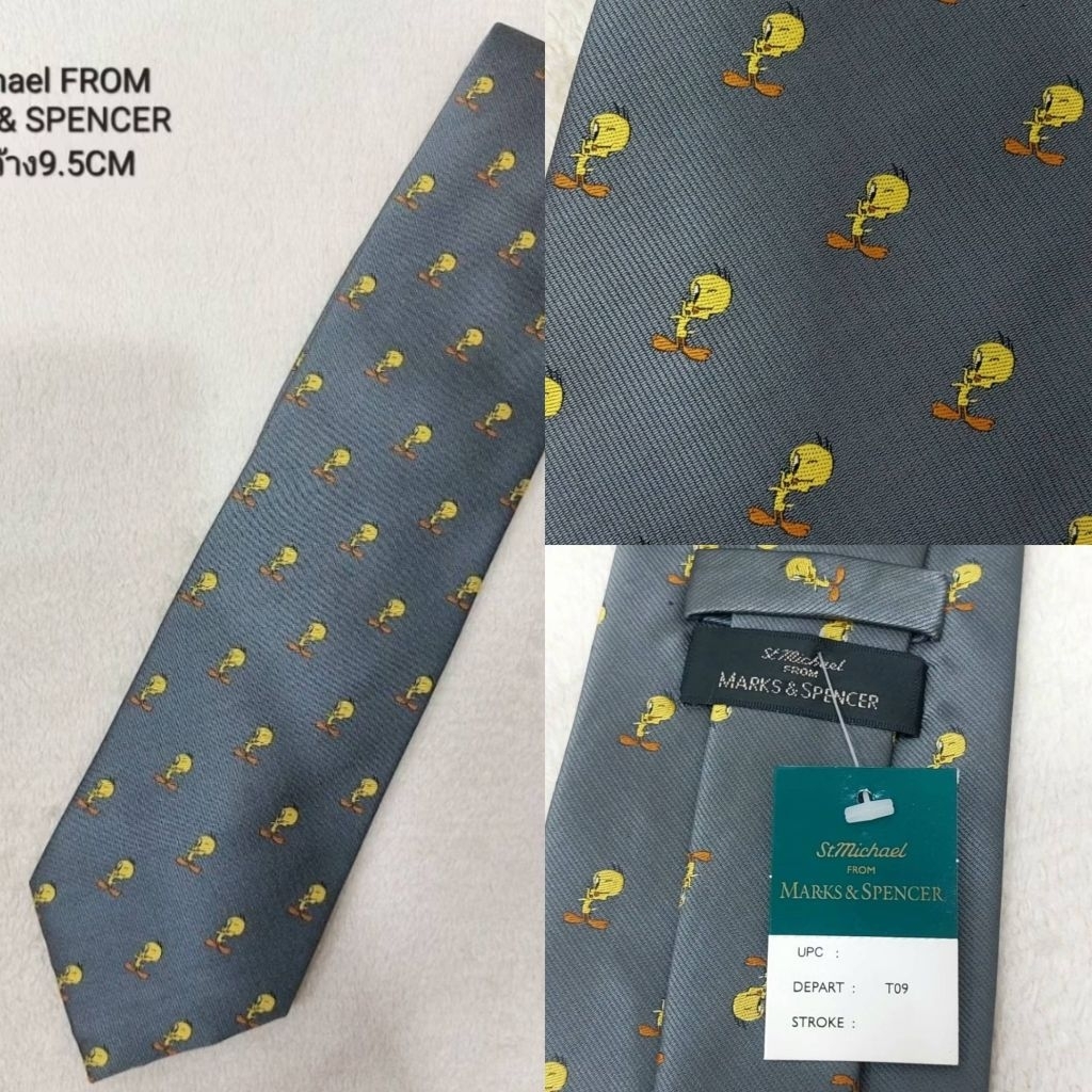 st michael from marks and spencer tie ใหม่ ป้ายห้อย แท้100% สีเทา ลายนกทวิตตี้ 100% SILK