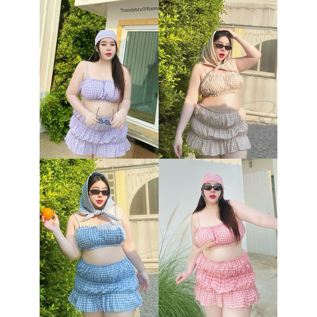 Elena Set - เซ็ต 3 ชิ้น  ลายสก๊อตโทนสีหวานสดใส(5สี) สม็อคยืดรอบตัว สาวอวบ ไซส์ใหญ่