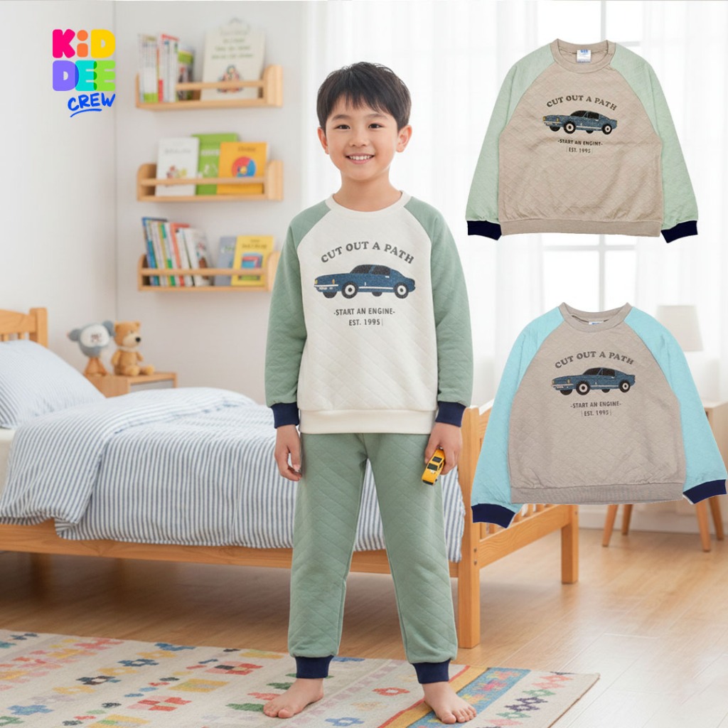 KiddeeCrew ชุดนอนเด็ก ขาวพิมพ์รถ ผ้าแซนวิช เหมาะสำหรับอายุ 1-14 ปี