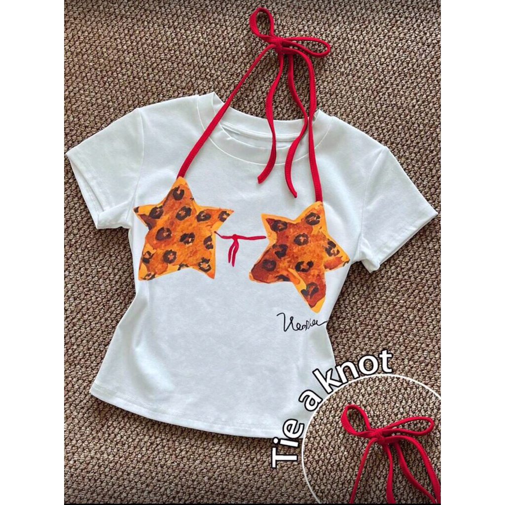 เสื้อยืดแขนสั้น พิมพ์ลายดาว ผูกคล้องคอ
