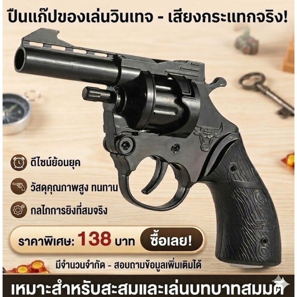 ปืนพกค้อนโลหะทั้งตัว ปืนพกค้อนสไตล์เรโทรที่ออกแบบมาสำหรับเด็กที่เกิดในยุค 80 และ 90 แต่ยิงไม่ได้