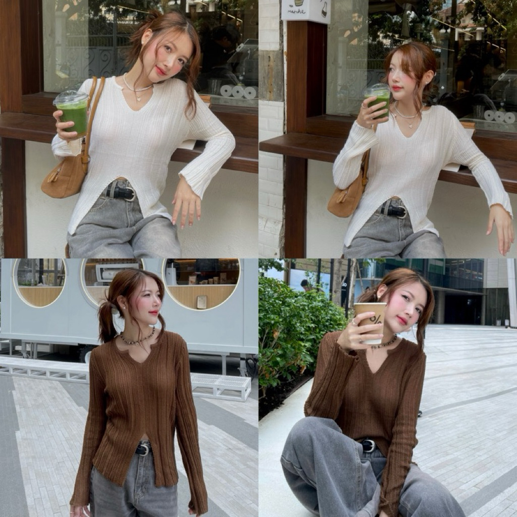 ส่งต่อ M49- เสื้อไหมพรมแขนยาวคอวีผ่าหน้า ใส่สบายไม่ร้อนน้า น่ารักมาก จากร้านMe.instyle