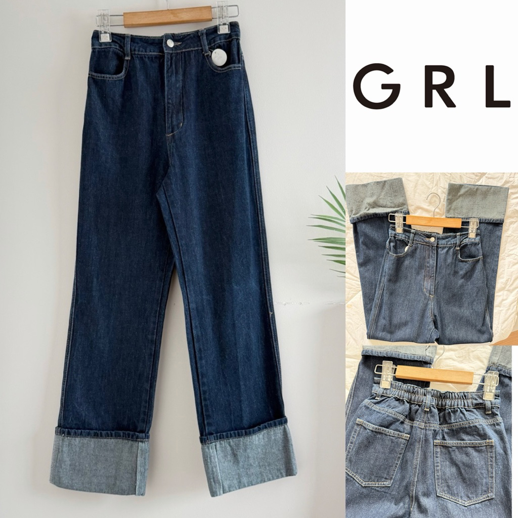 A006_GRL กางเกงยีนส์ผู้หญิง มือสอง ทรงกระบอกพับขา Denim Jeans