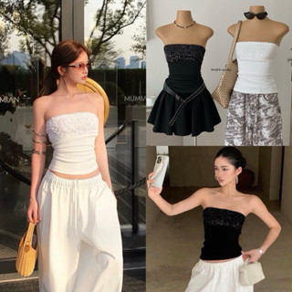 8893# เสื้อเกาะอก งานซิปข้าง แต่งเลื่อมช่วงอก เนื้อผ้าดี งาน…