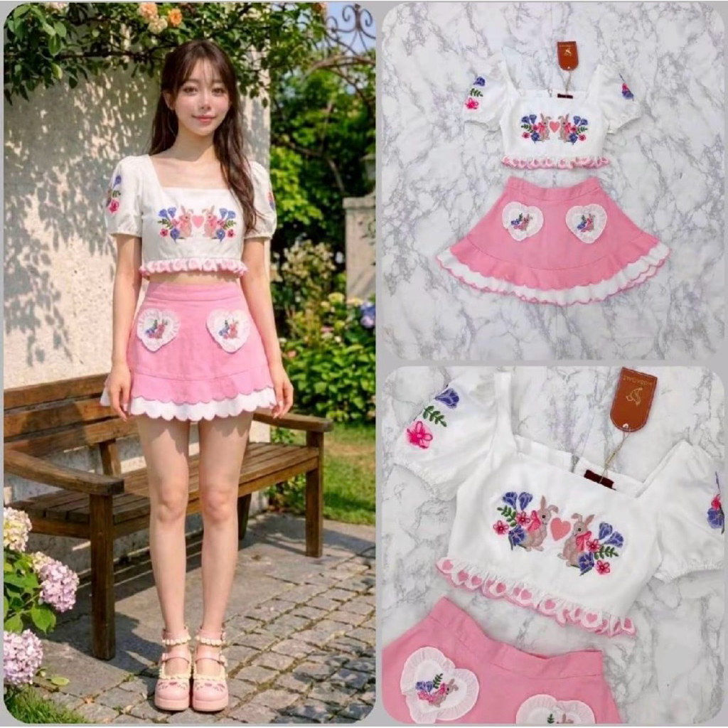 Set เสื้อคอปแขนพองสีขาวปักกระต่าย มาคู่กระโปรงสั้นแต่งระบายชายมีซับในกางเกง ป้าย missagale