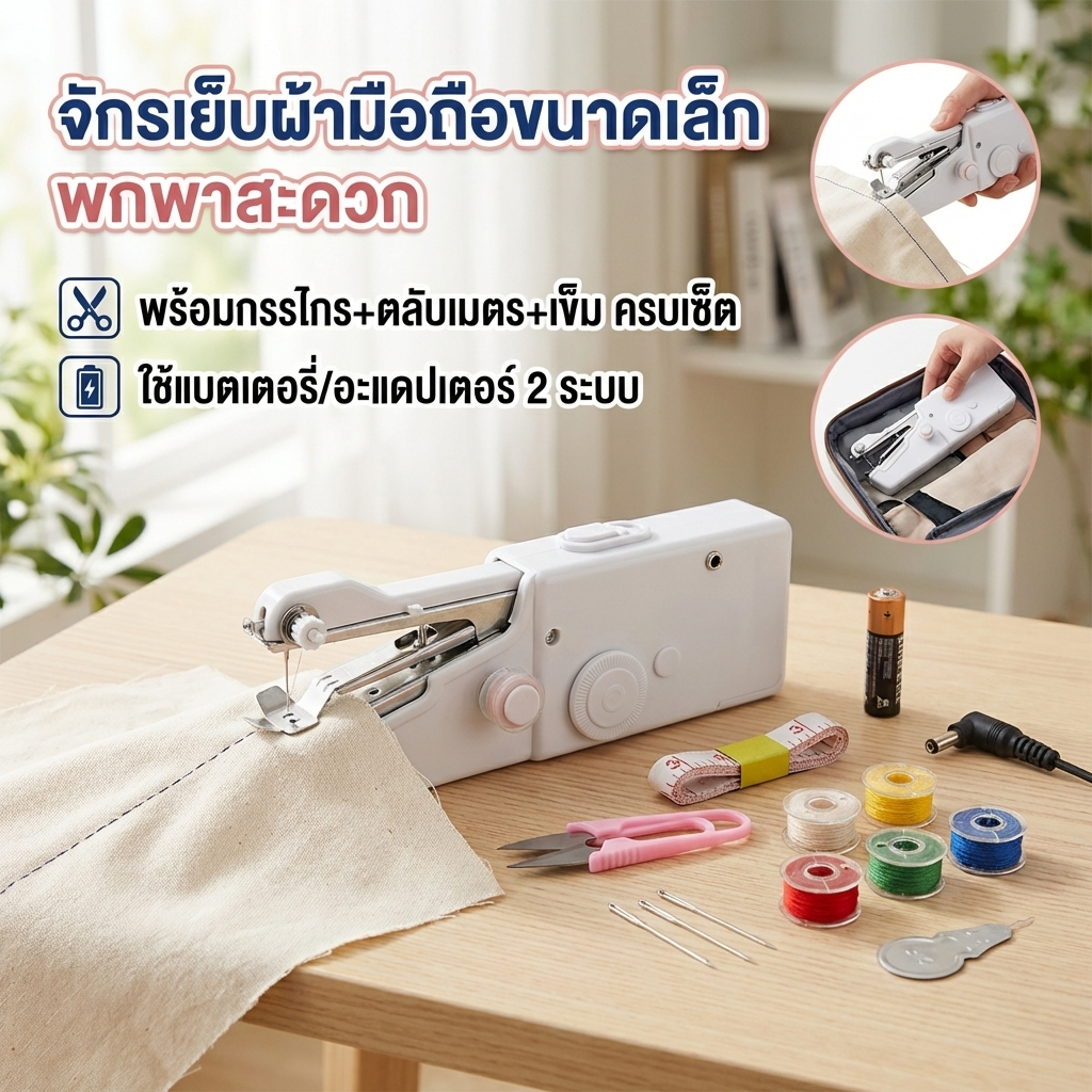 🧵 【ส่งด่วน】จักรเย็บผ้ามือถือขนาดเล็ก พกพาสะดวก (กรรไกร+ตลับเมตร+เข็ม) ใช้แบตเตอรี่/อะแดปเตอร์