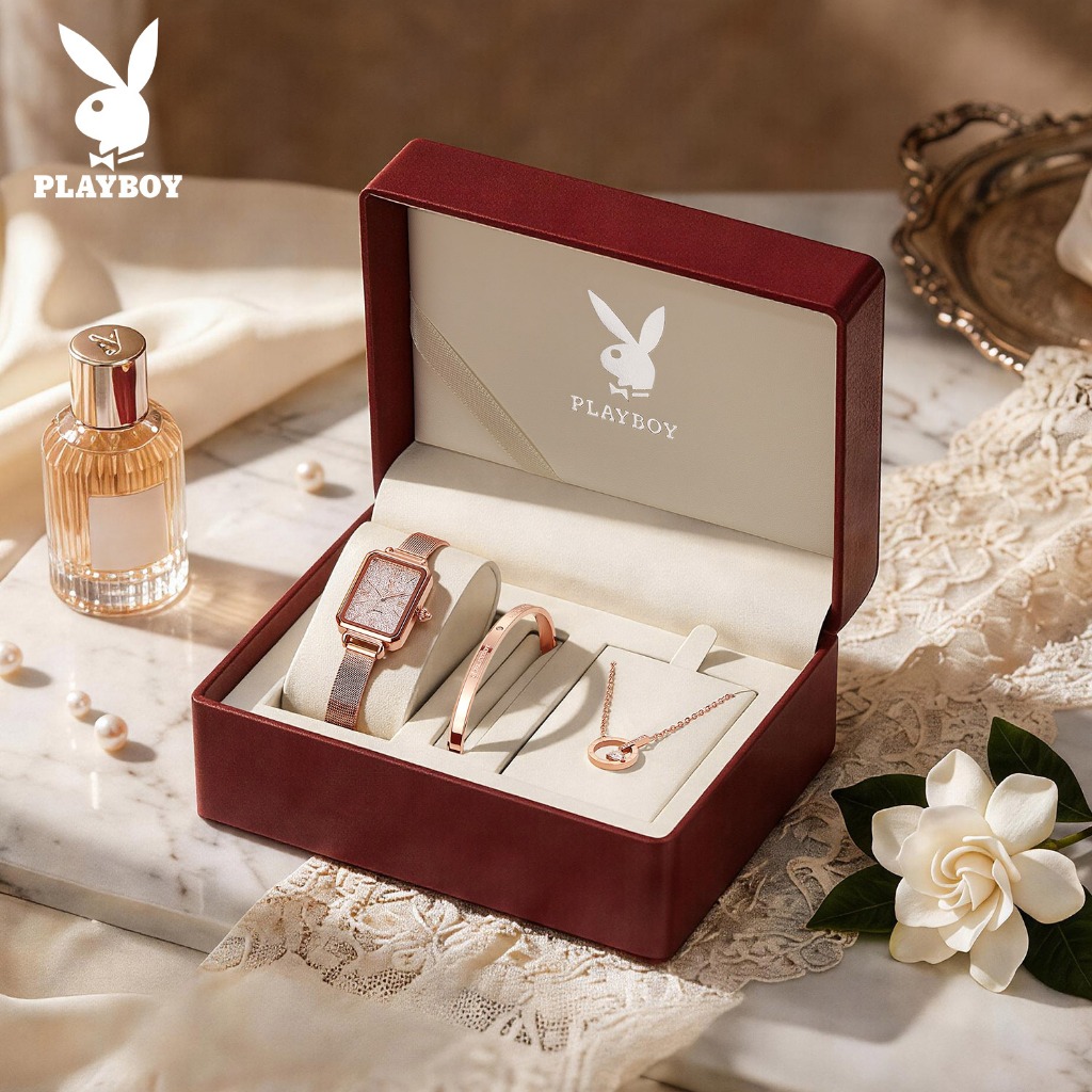 PLAYBOY นาฬิกา ผู้หญิง ต้นฉบับ กันน้ำ 100% แถบสแตนเลส หน้าปัดสแควร์ แฟชั่น ดอกกุหลาบทอง 3100