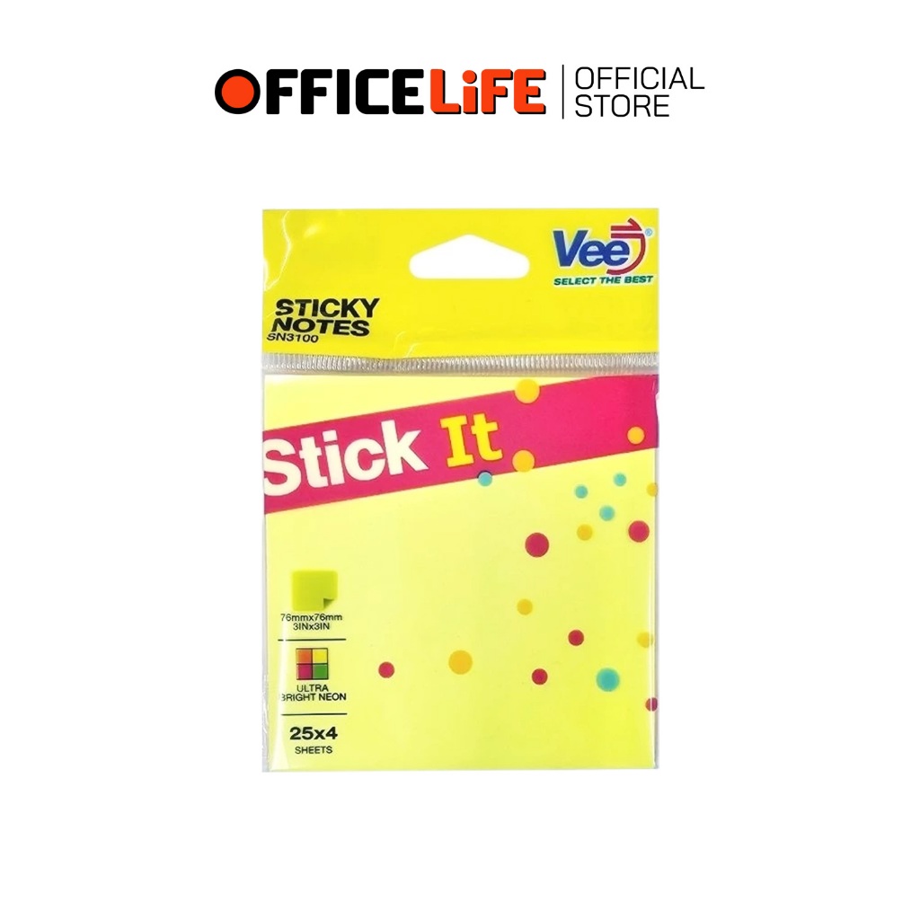 Vee (วี) กระดาษโน้ต โพสต์อิท สีนีออน Sticky Note 100 แผ่น รุ่น VB-SN3100 ( 1 แพ็ค )