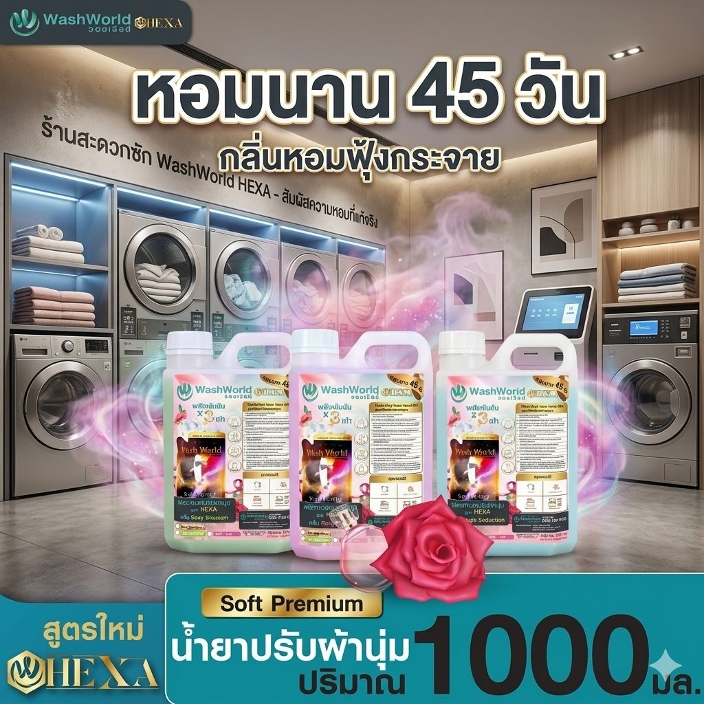 Wash World วอชเวิล์ด สูตรใหม่ "พรีเมี่ยม" (HEXA) น้ำยาปรับผ้านุ่ม x1 แกลอน 1,000ml. อบผ้ากลิ่นไม่หาย