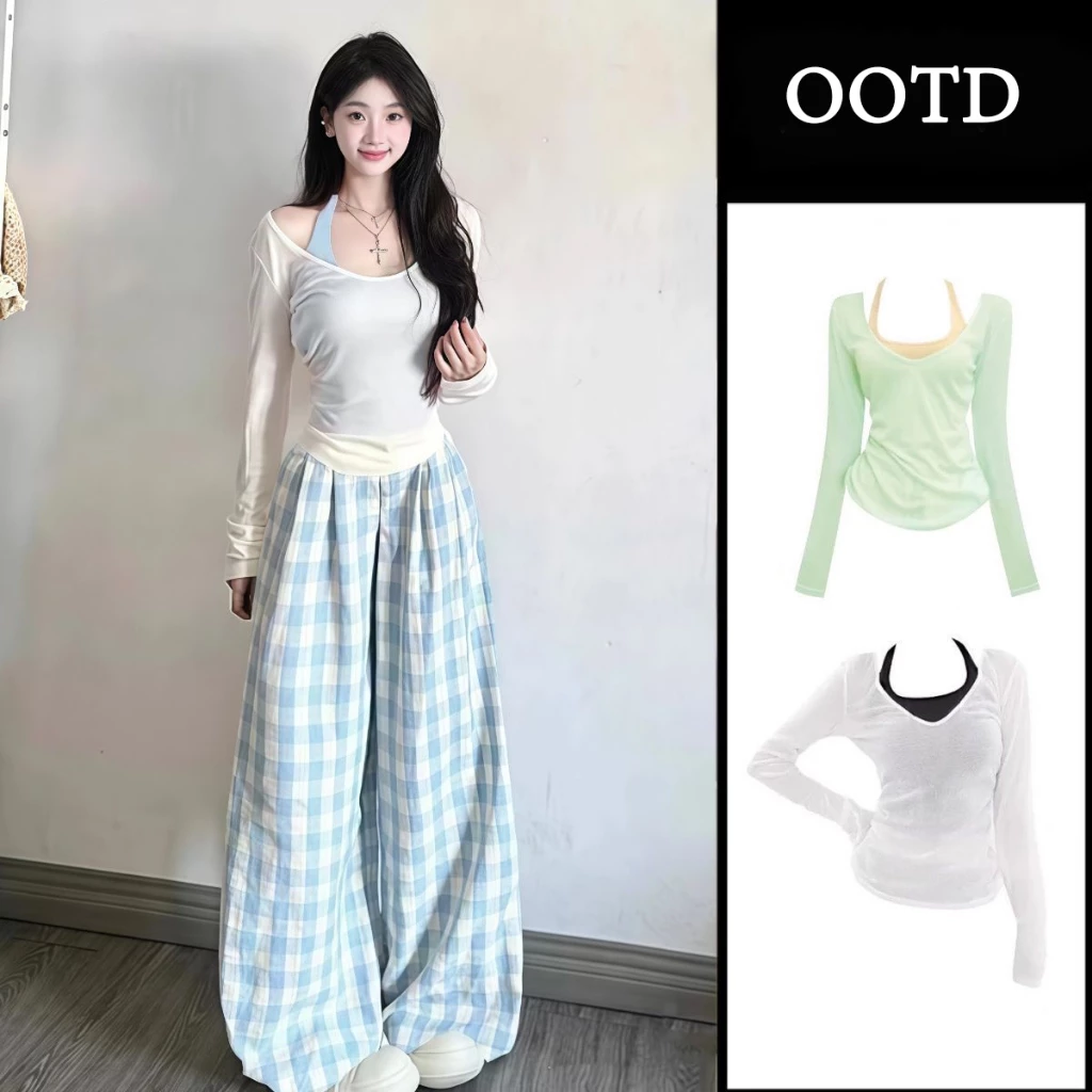 เสื้อยืดแขนยาวสีขาวคอวีเนื้อบางกันแดดสำหรับผู้หญิงฤดูร้อนปี 2026 ดีไซน์ใหม่แบบผูกคอและมีสายคล้องไหล่