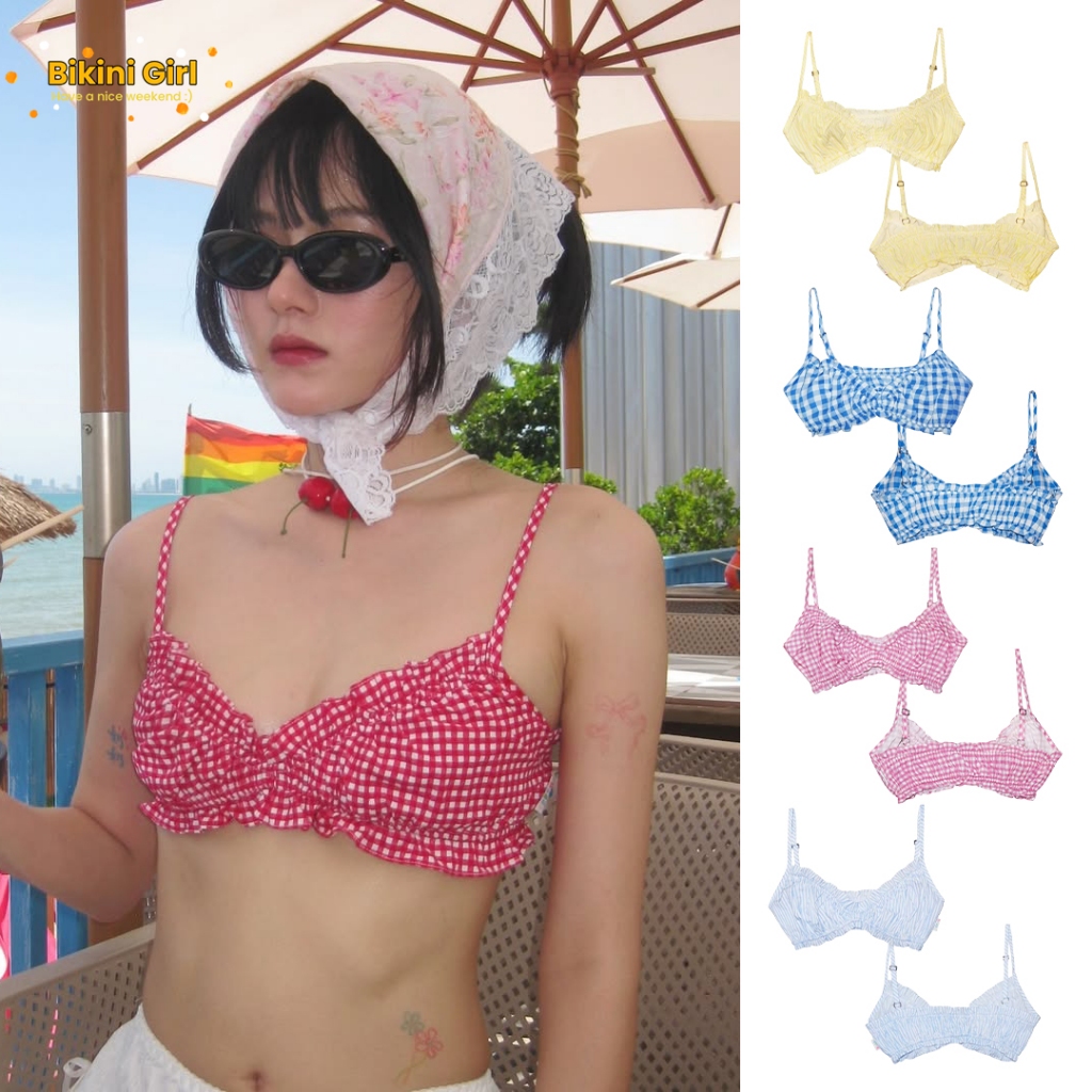 bikini top   ลายสก็อต เซ็กซี่ สไตล์เรโทร สายปรับได้   กางเกงขาสั้นชายหาด   มีให้เลือก 5 สี   ส่งไวจากไทย