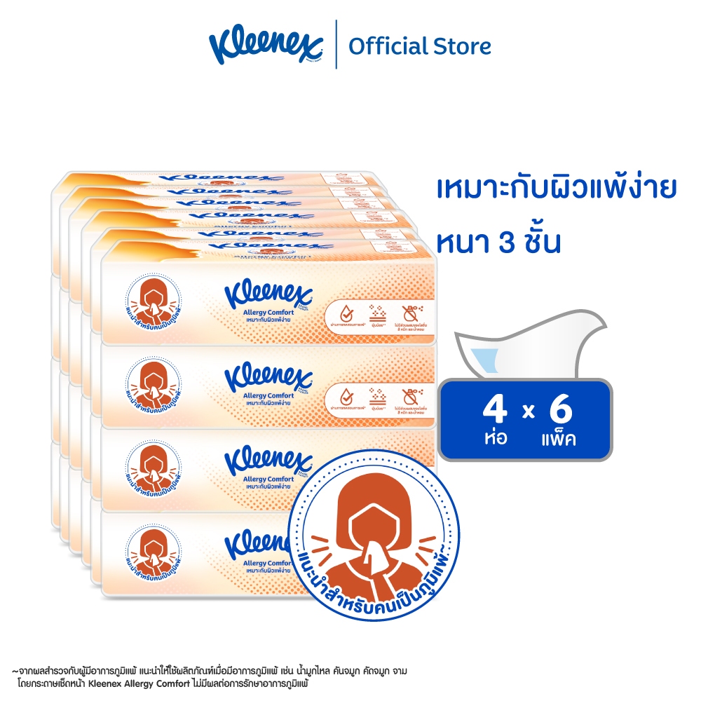 กระดาษเช็ดหน้า คลีเน็กซ์ เอเลอร์จี คอมฟอร์ท ซอฟท์ บ๊อกซ์ 68แผ่น 4 ห่อ x 6 แพ็ค Kleenex Allergy Comfort Soft Box 68sheet