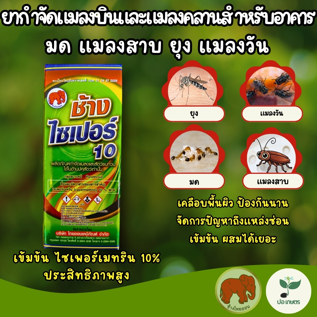 ช้างไซเปอร์ 10 (100 มล.) ไซเพอร์เมทริน 10% ยาฆ่าทั้งแมลงบินและแมลงคลานสำหรับอาคาร มด แมลงสาบ ยุง แมลงวัน