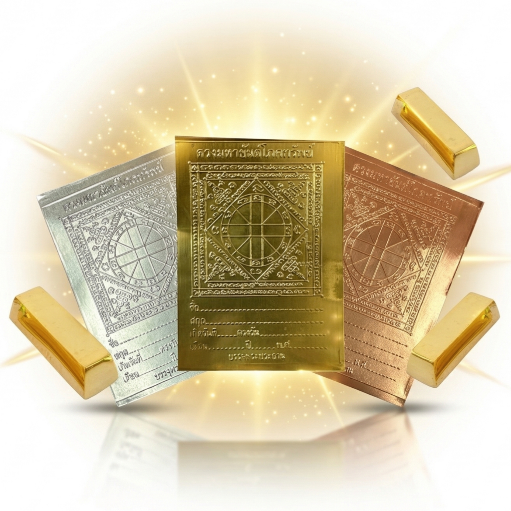 แผ่นดวงยันต์โภคทรัพย์ | สีทอง สีเงิน สีนาค | แผ่นโลหะของมงคล เสริมโชคลาภค้าขาย ใช้หล่อพระพุทธรูปทองเหลือง