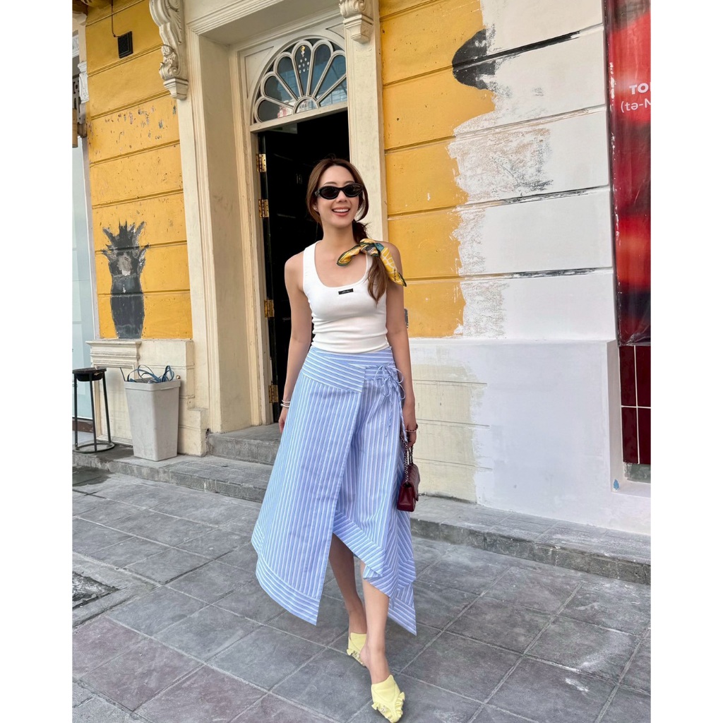 Patcha.co - Marin Wrap Asymmetric Skirt Midi - Blue Stripe - PCCB034