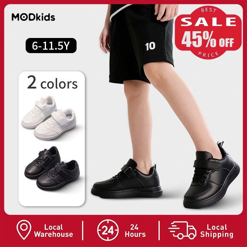 【MODkids】🔥🔥 รองเท้าเด็กสีขาว หนังPU รองเท้ากีฬา แถบกาว ใส่-ถอดง่าย วัย 6-11 ปี