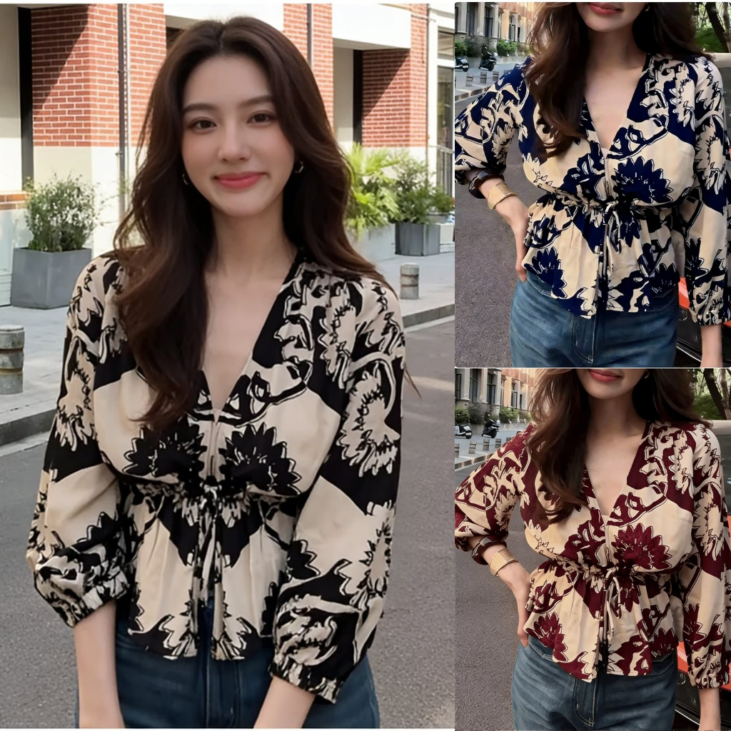 เสื้อเชิ้ตพิมพ์ลายวินเทจ คอวีผูกเน็คไท สไตล์ไม่ซ้ำใคร ใส่สบายหน้าร้อน