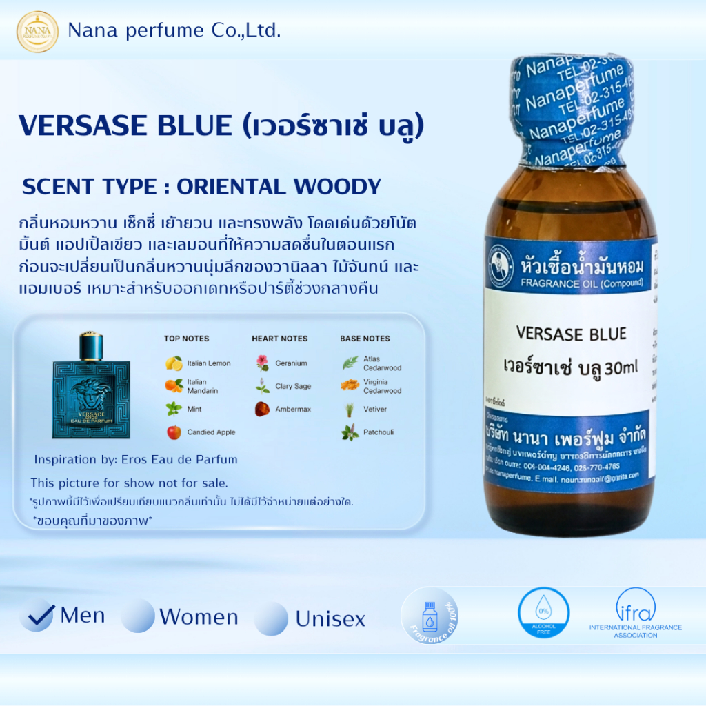 หัวเชื้อน้ำหอม 100% ขนาด30-100ml.กลิ่นเวอร์ซาเช่บลู (VERSASE BLUE)