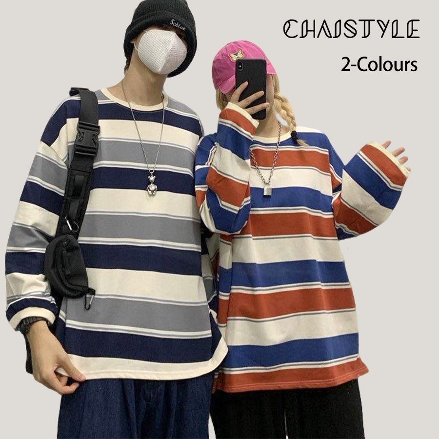 Chaistyle เสื้อเชิ้ตลายทาง อินเทรนด์ คอกลม สไตล์เกาหลี เสื้อยืดแขนสั้น/แขนยาว รุ่นเดียวกันทั้งชายและหญิง