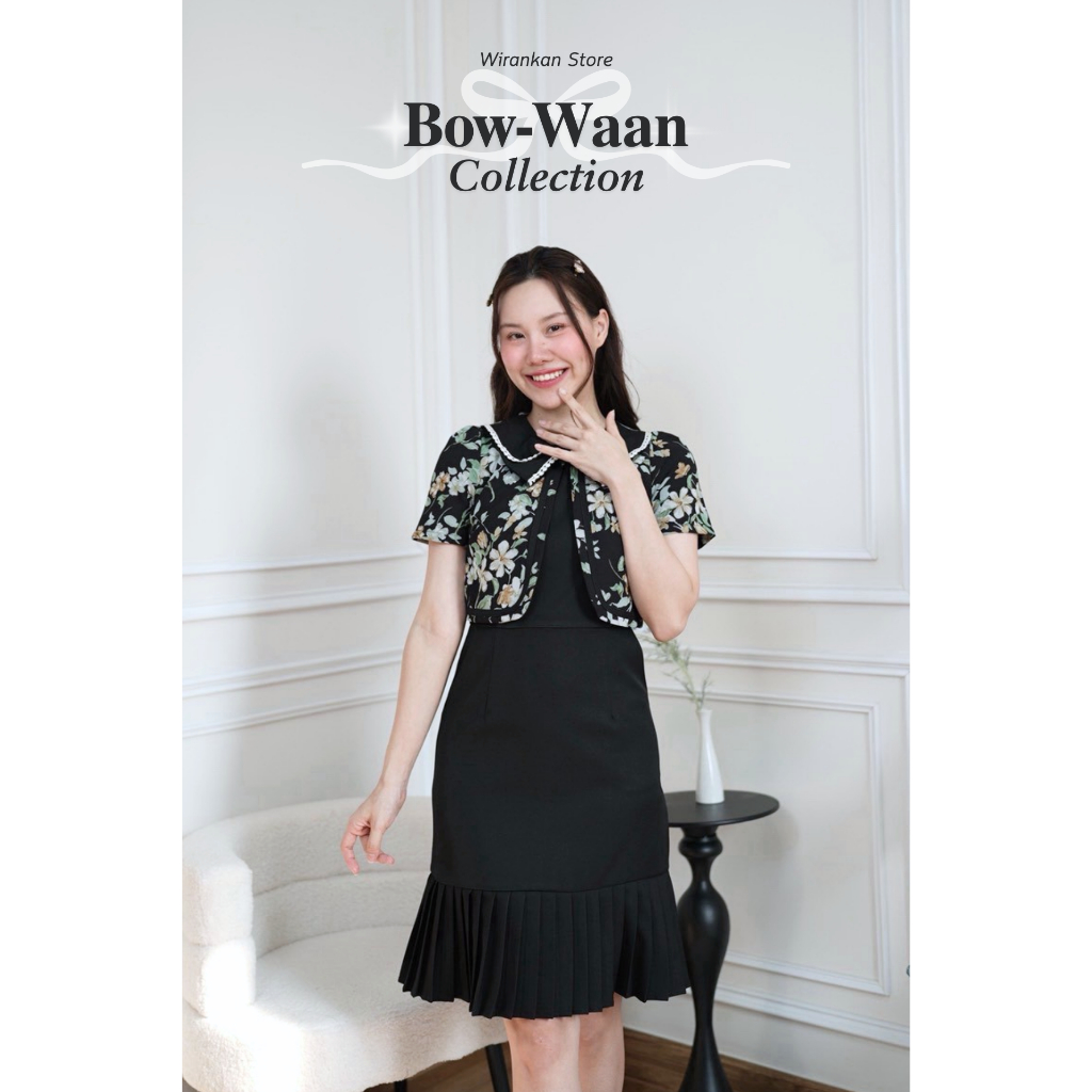 ชุดเดรส WIRANKAN Bow waan (โบว์หวาน) รหัส W394 สีดำ มีกระเป๋า กระโปรงปลายพลีท