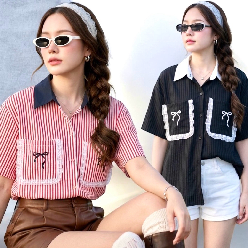 S01 เสื้อเชิ้ต กระเป๋าหน้าลายสวยคูล free size50