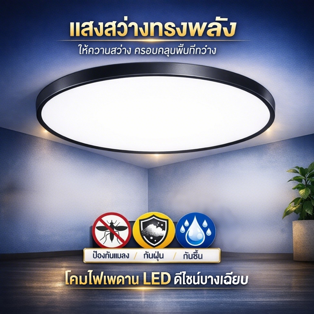 โคมไฟติดเพดาน LED ทรงกลมแบบบาง ขนาด 36W / 48W / 72W / 96W แสงขาว 6500K ดีไซน์มินิมอล น้ำหนักเบา เหมาะกับห้องนอน