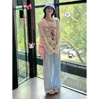 เสื้อยืดแขนยาวผ้าโปร่งบางเบาพิมพ์ลายแมวน่ารักสำหรับผู้หญิง ทรงหลวมใส่สบายในฤดูร้อน ปกป้องผิวจากแสงแดด