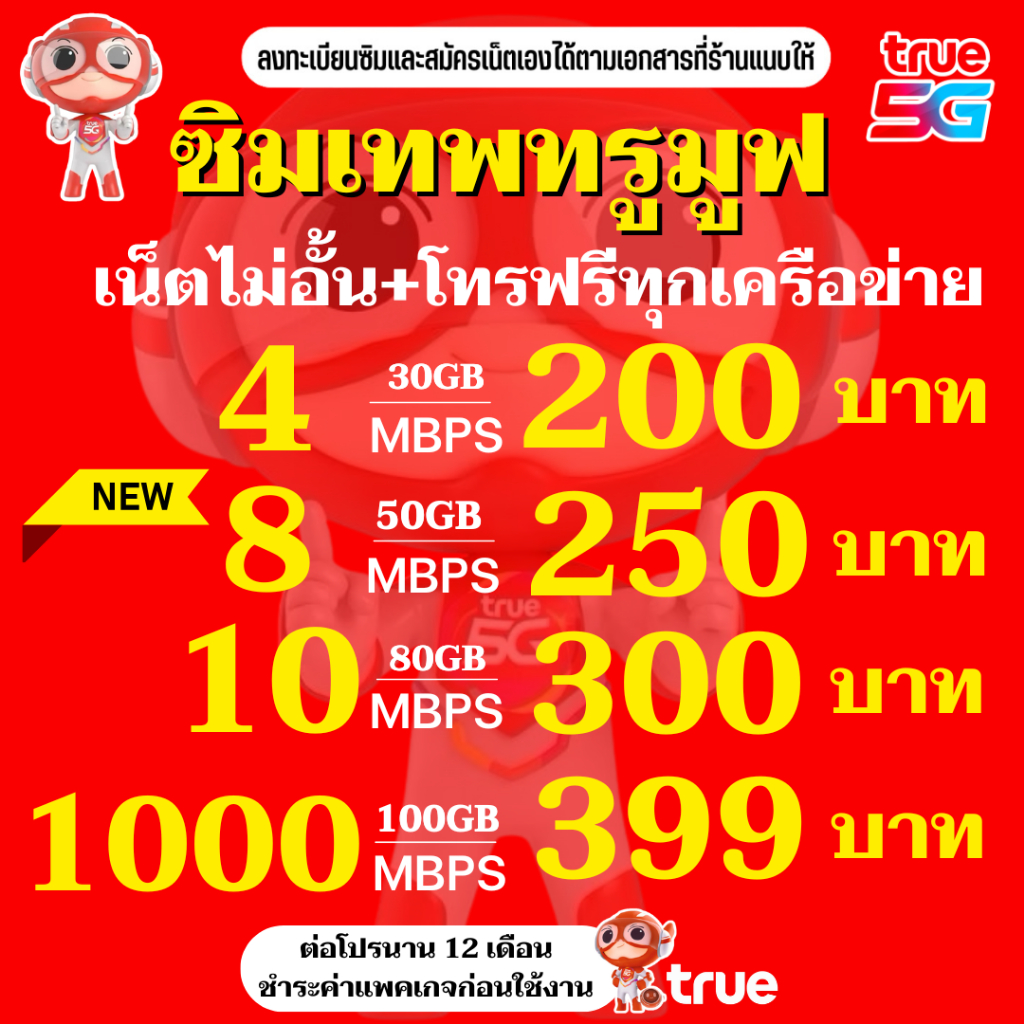 ซิมโปรเทพ ซิมทรู TRUE ความเร็วเน็ต 4/8/10/1000 Mbps เน็ตไม่อั้นไม่ลดสปีด + แถมโทรฟรีทุกค่ายไม่อั้น ต่ออายุนาน 12 เดือน