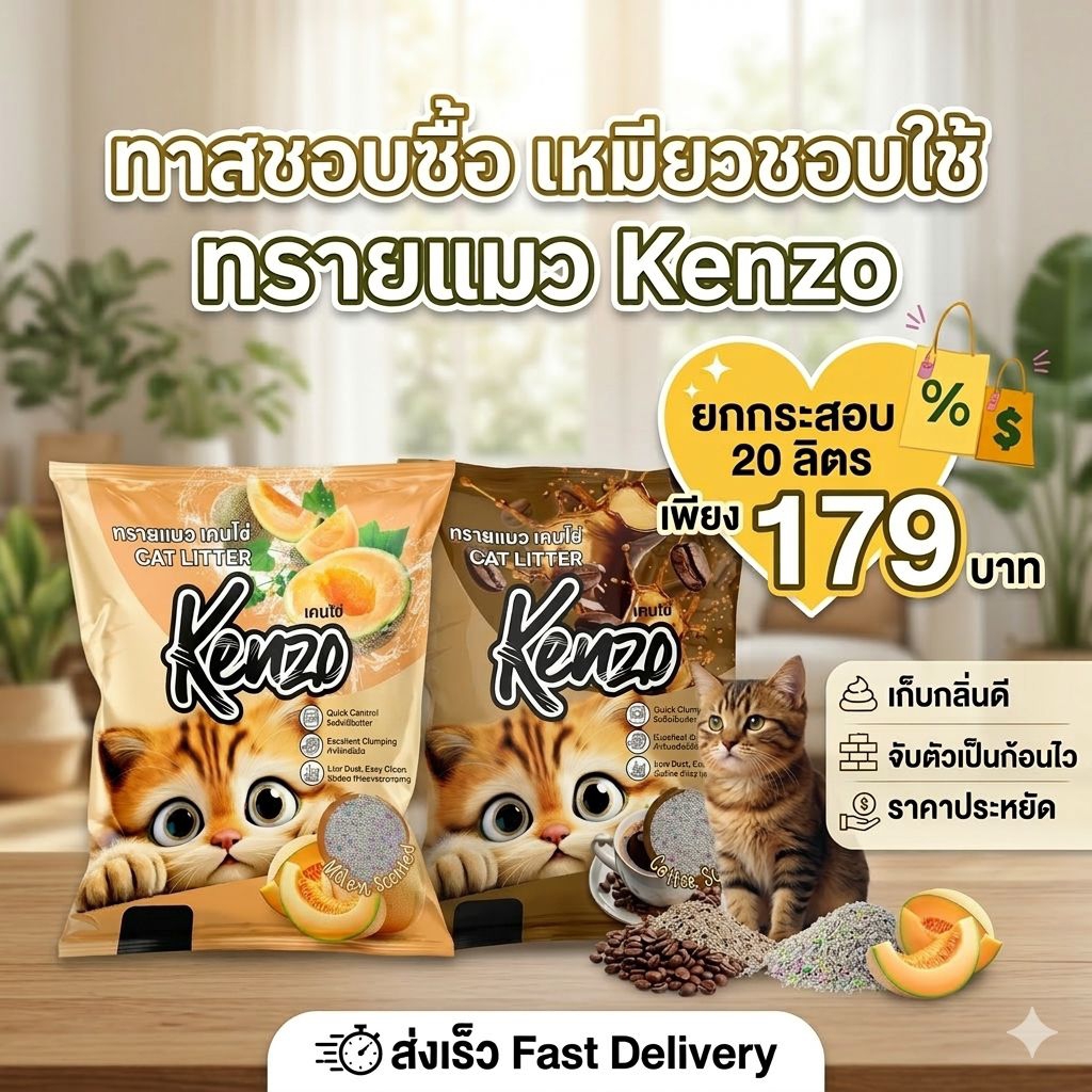 ทรายแมว Kenzo ยกกระสอบ 10 ลิตร 2 ถุง เบนโทไนท์ กลิ่นหอม จับตัวเป็นก้อนง่าย คุ้มค่า
