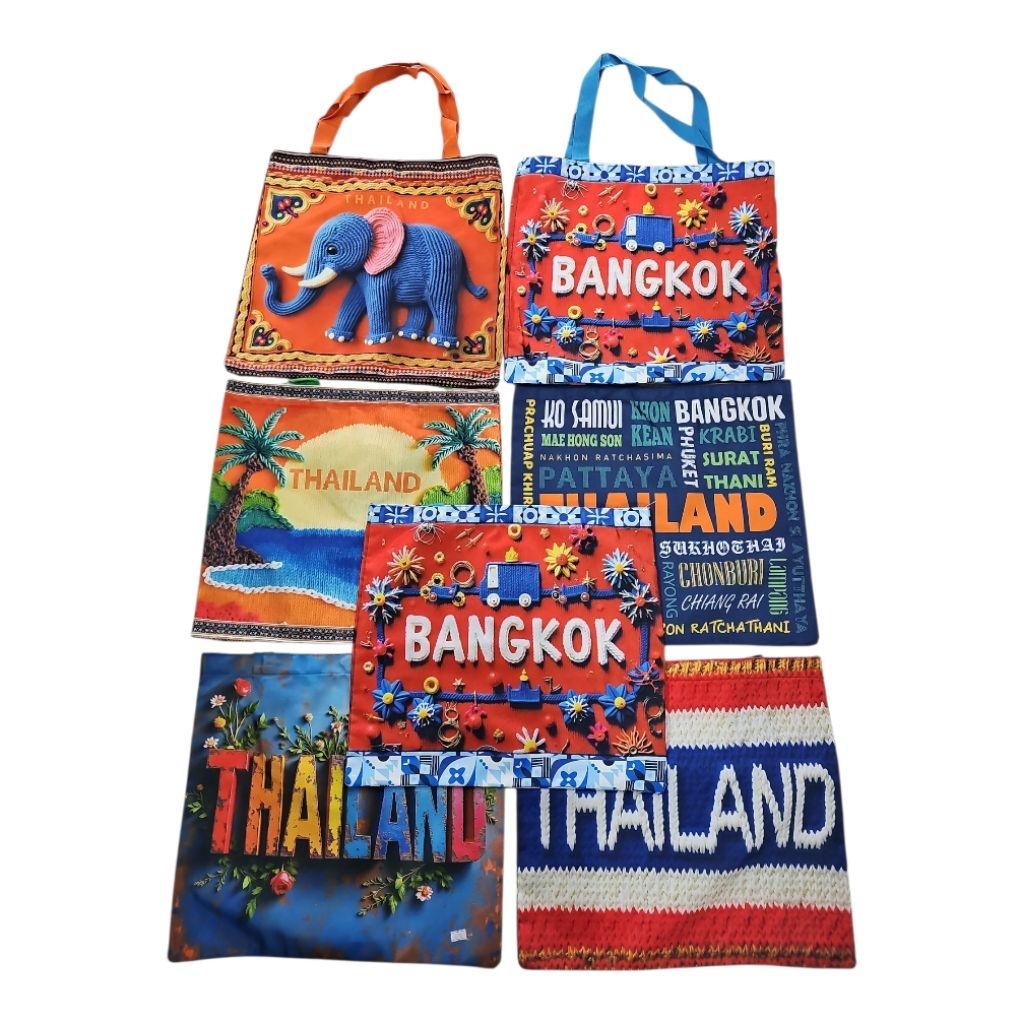UMกระเป๋าผ้าลายไทย Thailand Tote Bag ลายช้าง ลายกรุงเทพ ของฝากจากประเทศไทย