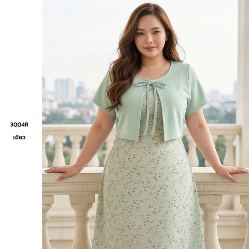 Annnew เดรสผ้าไหมอิตาลี่ลายดอกไม้เเต่งกั๊กผ้ายืดมูลเวฟ 3004R