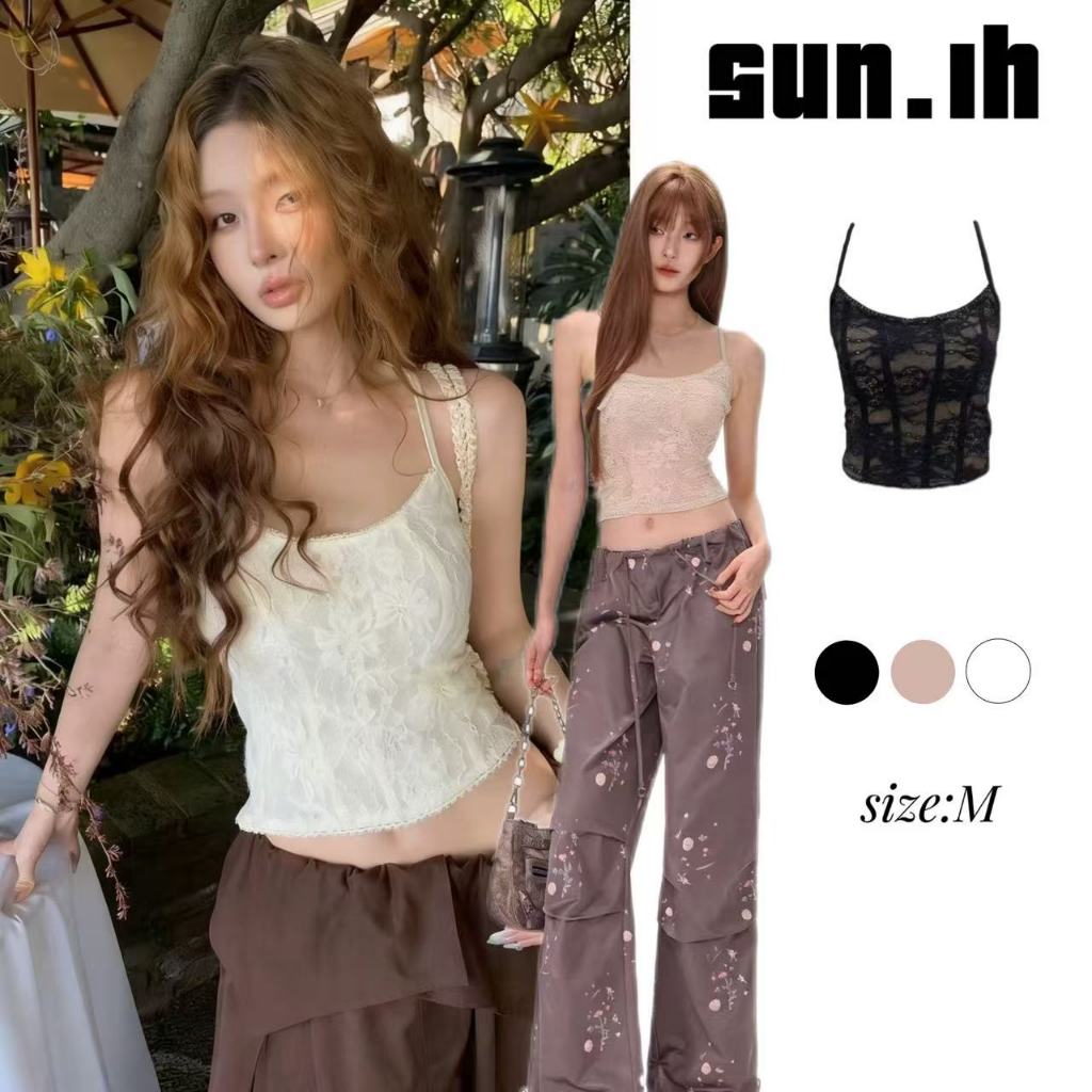 SUN🛍️พร้อมส่ง🛍️เสื้อสายเดี่ยวเข้ารูปปักลูกไม้สุดประณีต เหมาะสำหรับฤดูใบไม้ผลิและฤดูร้อน