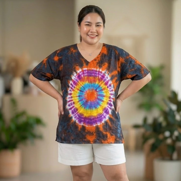 เสื้อแขนสั้นคอวี อก 48 ผ้าแมมเบิร์ตสปันงานมัดย้อม thumbnail 3