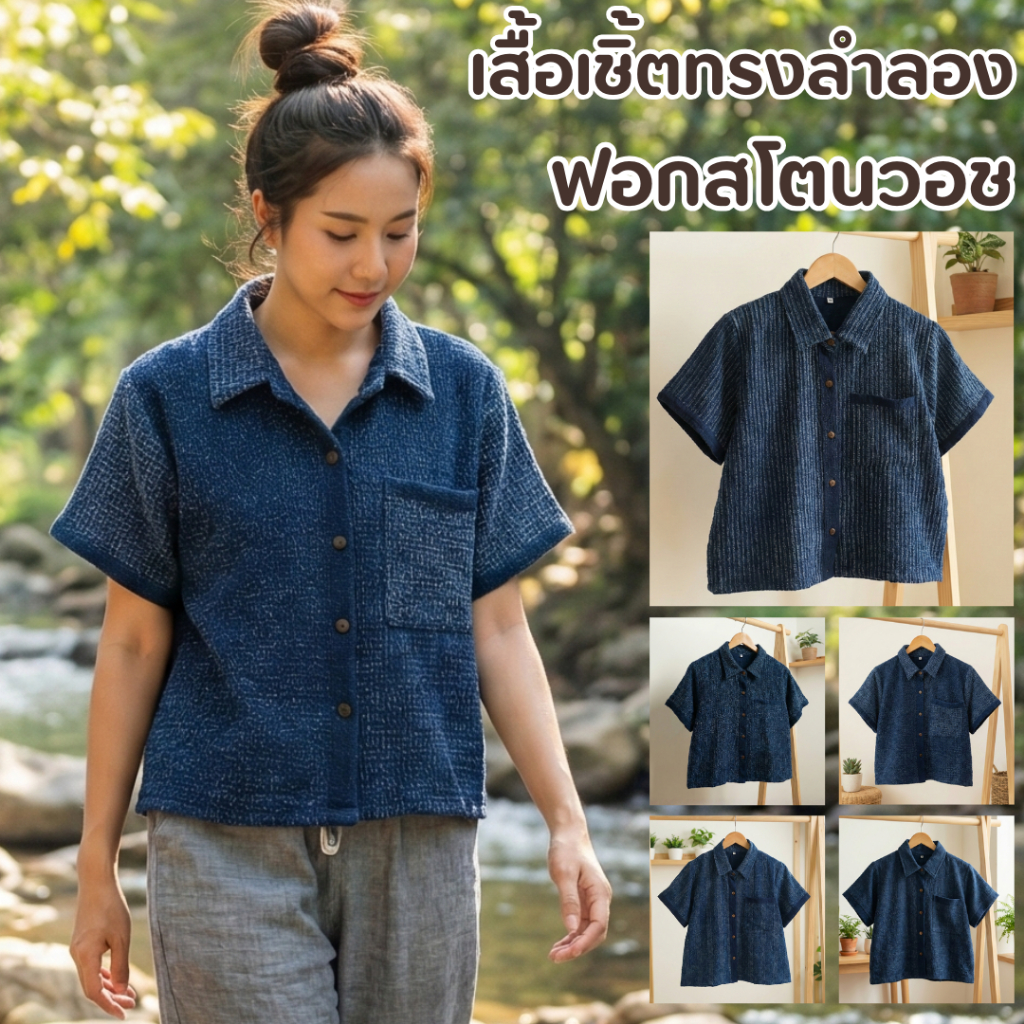 เสื้อเชิ้ตแขนสั้น ผ้าฝ้ายสโตนวอช สไตล์มินิมอล งานแฮนด์เมดลำพูน ทรงลำลอง ใส่สบาย