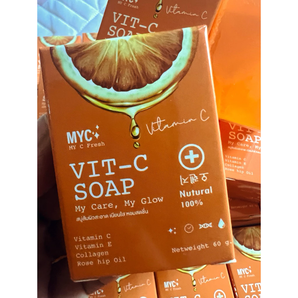 สบู่หน้าใส🍊MY C Fresh Vit C Soap(60g.) ✨แท้ 100% หน้าใส ไร้สิว ทำความสะอาดล้ำลึก Exp 20/06/28(New Package)💕แถมถุงตาข่าย💕