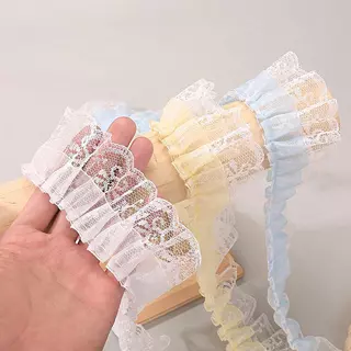 ลูกไม้ระบายจับจีบ กว้าง 5cm สีหวาน ลูกไม้แต่งขอบ ผ้าโปร่งลายหวาน สีพาสเทล 4 สี ขาว เหลือง ฟ้า ชมพู สำหรับตกแต่งเสื้อผ้า