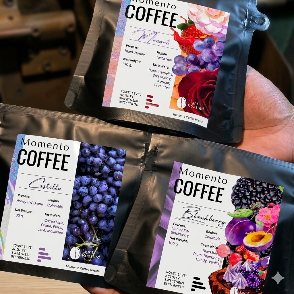 Momento Coffee เซทรวมกาแฟคั่วอ่อนเรือธงรสชาติหลากหลาย  Castello, Blackberry และ Mozart บรรจุ 100g. ต