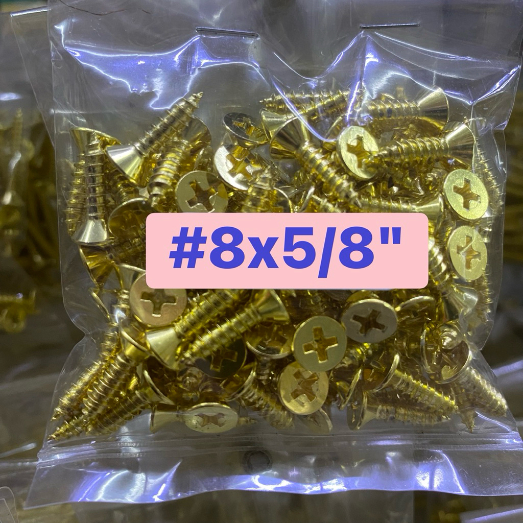 สกรูเกลียวปล่อย ชุบสีทอง เบอร์ 8 F หัวแฉก แบน 8x5/8, 8x3/4, 8x1,8x1-1/4,8x1-1/2,8x2,8x2-1/2,8x3”นิ้ว 50-100ตัว น๊อต น็อต