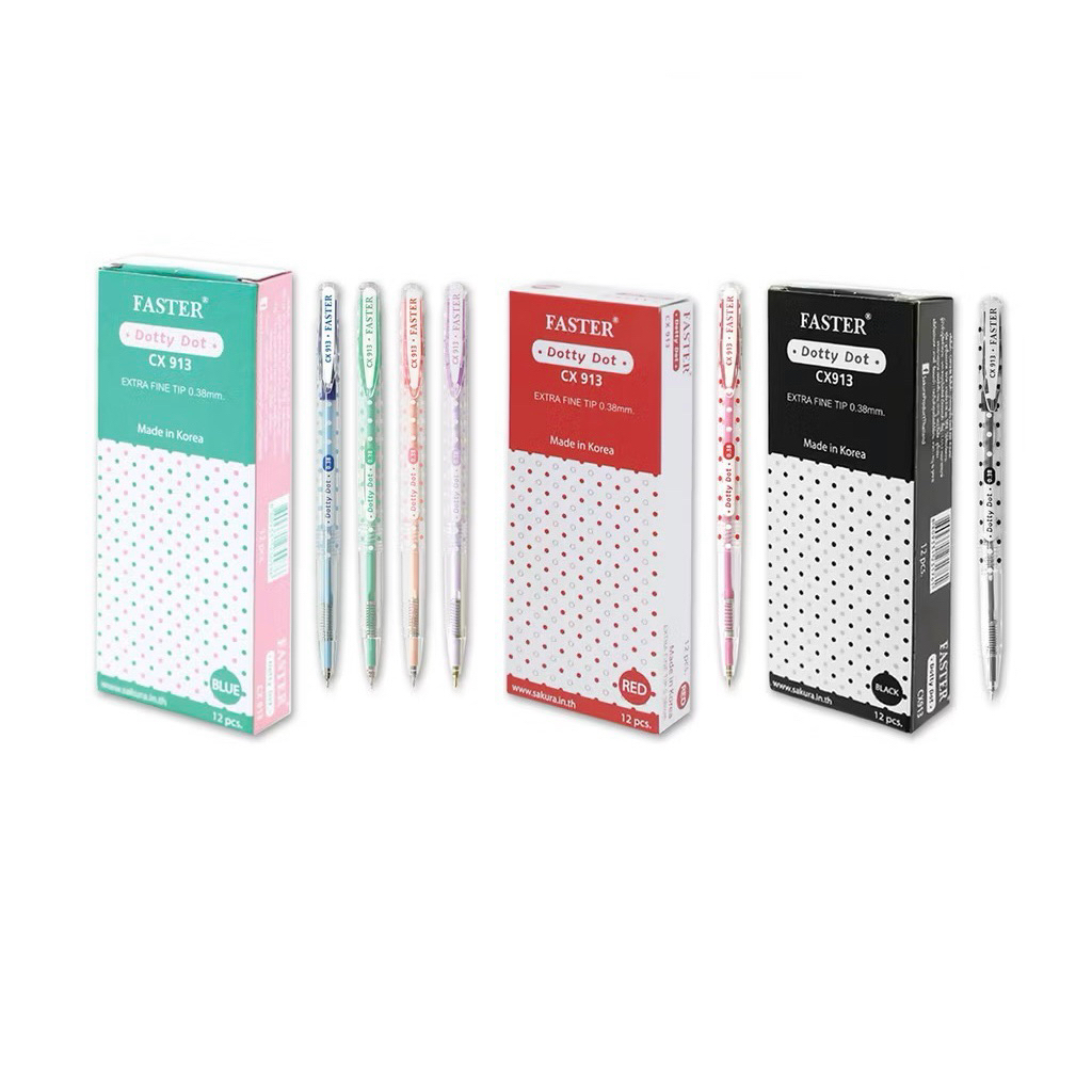 ปากกา ปากกาลูกลื่น FASTER CX913 รุ่น ด๊อทตี้ ดอท หัว 0.38 FASTER CX913 (12 ด้าม/กล่อง)