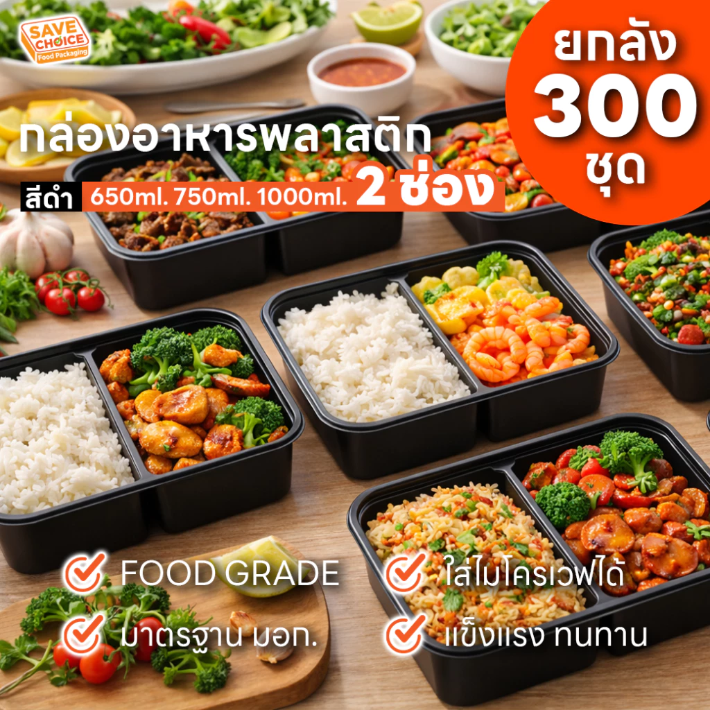 Save Choice กล่องพลาสติกใส่อาหาร 2 ช่อง กล่องใส่ข้าว กล่องสีดำ 650/750/1000 ml. Food Grade มาตรฐาน มอก. คุ้มค่า เซฟราคา