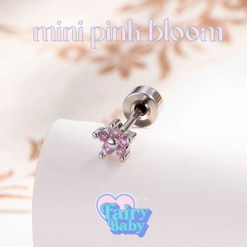 Fairybaby จิว Mini Pink Bloom ( 1 ชิ้น) แป้นแบน จิวหู จิวต่างหู สีชมพู มินิ จิ๋วๆ ดอกไม้ หนา 0.8 ยาว 6 mm (J3-184)